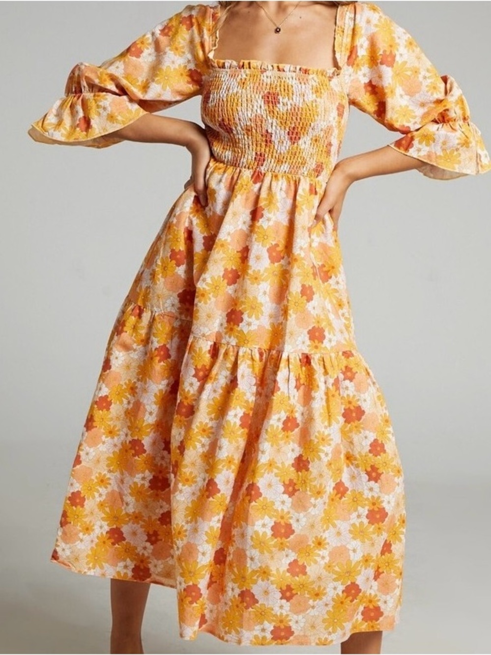 Anthropologie Yellow Orange Floral Smocked Maxi Dress boho/cottage core